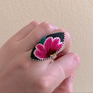 Vintage Handmade Embroidery Flower Ring(adjustable band-set at size 8 in photos)